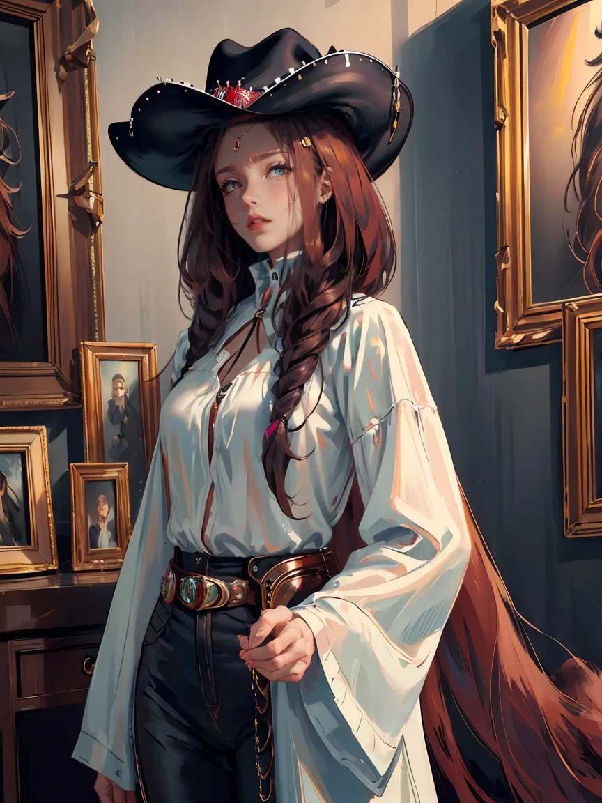 Long dark red hair, dark brown eyes, gloss lips, front look, close up, portrait, beautiful eyes, wearing a male white suit, big white, curly hair cut, clear skin, young 30 years girl, adult girl, solo, very long hair, ankle length hair, handsome older WOMAN，Hyperresolution，accuracy，Detailed rendering,（Image of fine hair）（topquality）（Masterpieces of masters）（High degree of completeness）（A sense of atmosphere）tmasterpiece，Super detailed and super detailed（((half-body portrait)))(((Older woman))) (((Western girl))), (((Cowgirl))) (((Cowboy hat))) (((Gunslinger)))(((Better hands)))(((Black outfit)))(((Dark brown eyes)))(((Ankle length hair)))(((Black horse)))(((Wild West))
