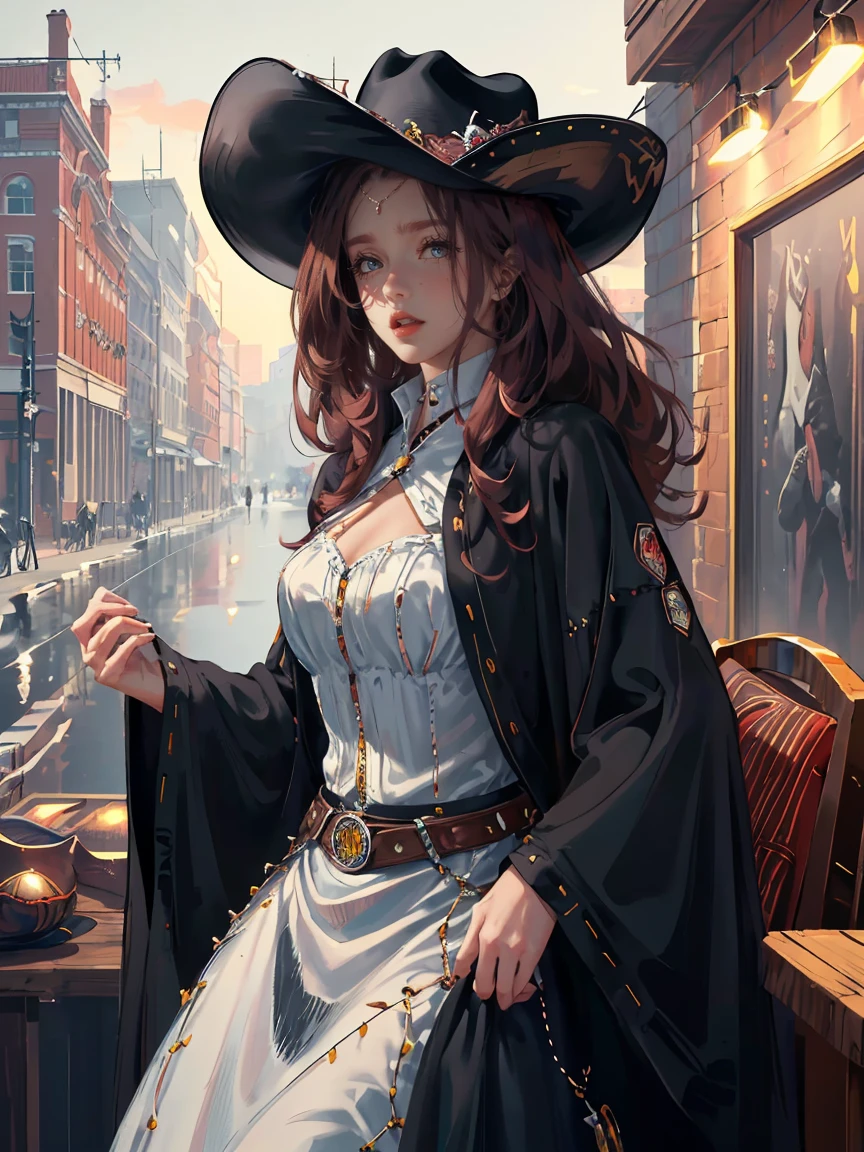 Long dark red hair, dark brown eyes, gloss lips, front look, close up, portrait, beautiful eyes, wearing a male white suit, big white, curly hair cut, clear skin, young 30 years girl, adult girl, solo, very long hair, ankle length hair, handsome older WOMAN,Hyperresolution,accuracy,Detailed rendering,(Image of fine hair)(topquality)(Masterpieces of masters)(High degree of completeness)(A sense of atmosphere)tmasterpiece,Super detailed and super detailed(((half-body portrait)))(((Older woman))) (((Western girl))), (((Cowgirl))) (((Cowboy hat))) (((Gunslinger)))(((Better hands)))(((Black outfit)))(((Dark brown eyes)))(((Ankle length hair)))(((Black horse)))(((Wild West))
