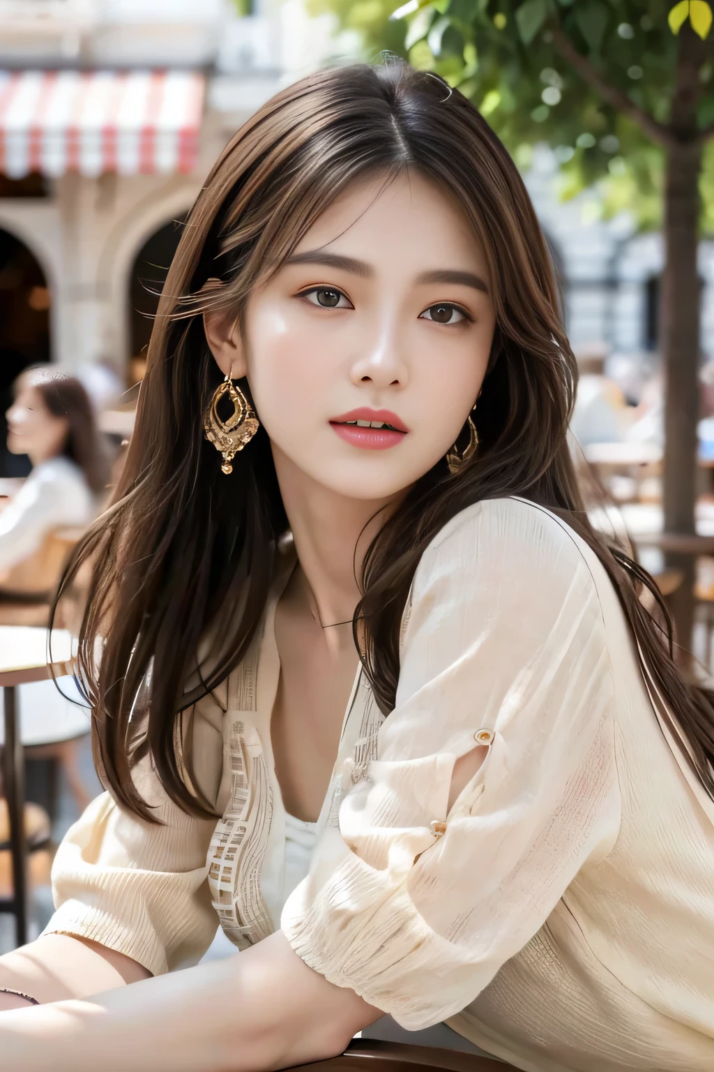 masterpiece, Highest quality, Realistic, Very detailed, Finer details, High resolution, 8k wallpaper, One beautiful woman,Wear a nice blouse, On the terrace of a lovely cafe, at noon, Light brown messy hair, Perfect dynamic composition, Beautiful and beautiful eyes、Big earrings、