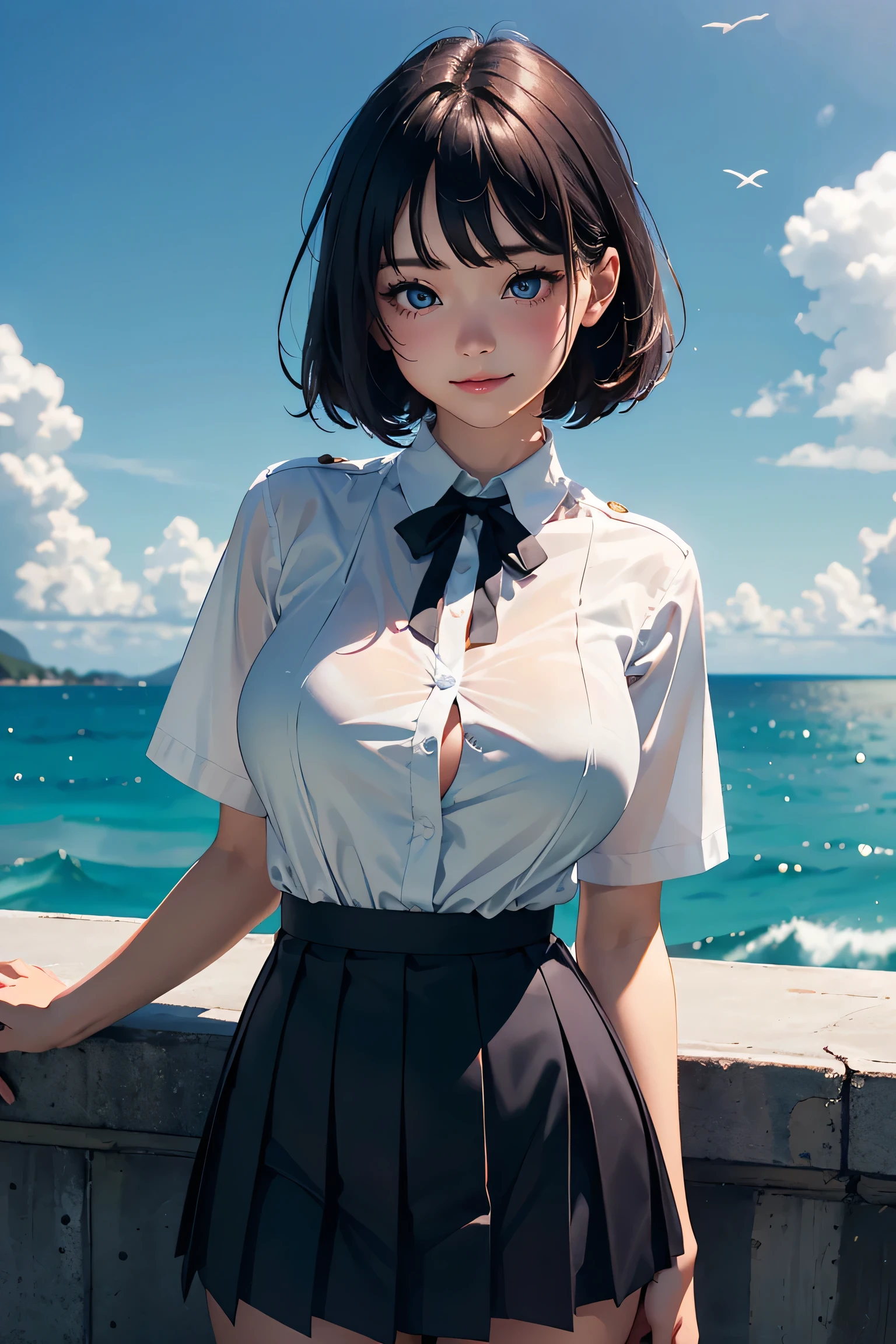 (masterpiece:1.2, Highest quality), (Realistic photos), Beautiful illustrations, (Natural side lighting, Cinema lighting),High detail、1 girl, Japanese、20-year-old female, Perfect Face, Symmetrical cute face, Glowing Skin, (bionde、short hair), Dark blue eyes, (Huge breasts:1.2), Slender build, Flowing bangs、Beautiful Hair, Beautiful Face, Fine and beautiful eyes, Beautiful body, Beautiful breasts, (White collared shirt、Small black ribbon、Navy blue pleated skirt),smile、Blushing、stand、port、Ocean、Breakwater、White Bird、White cloud、whole body