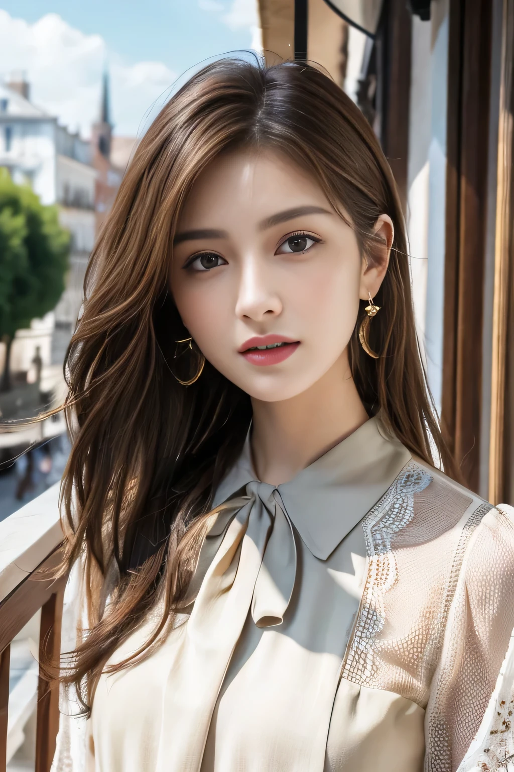 masterpiece, Highest quality, Realistic, Very detailed, Finer details, High resolution, 8k wallpaper, One beautiful woman,Wear a nice blouse, On the terrace of a lovely cafe, at noon, Light brown messy hair, Perfect dynamic composition, Beautiful and beautiful eyes、Big earrings、