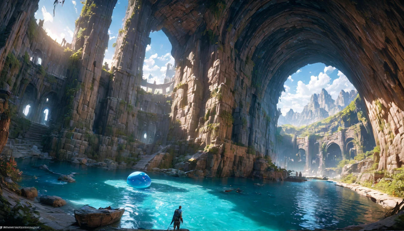 a tiny swordsman riding a blue slime, blue slime, swordsman, dungeon, clear blue sky, adventure, fisheye lens, DSLR, depth perception, fantasy, (best quality,4k,8k,highres,masterpiece:1.2),ultra-detailed,(realistic,photorealistic,photo-realistic:1.37),vibrant colors,cinematic lighting,dramatic composition,highly detailed character,highly detailed environment