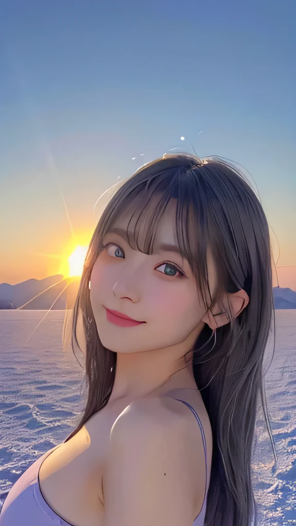 1 girl, masterpiece, Very detailed, (Beautiful and delicate shine), Lens flare, Gray Hair, Medium Long Hair, Floating Hair, think return, return, return, smile, blue eyes, naked, Big Breasts, Upper Body, Wide Shot, , ((Uyuni salt lake)), sunrise, cloud, returnlight, Purple Sky, Yellow Sky, Gradient Sky, ,Huge breasts,Looking at the audience