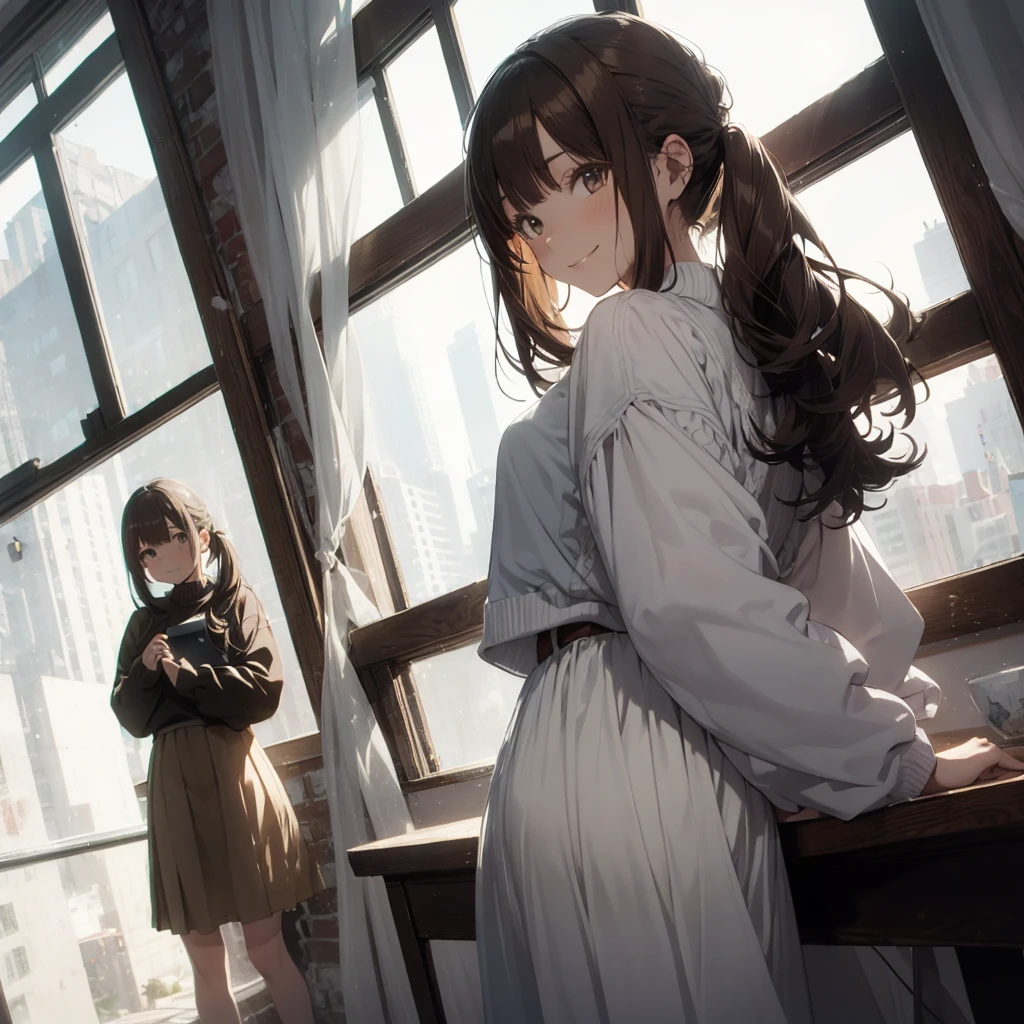drawing of a woman in a white outfit looking out a window, 1girl, solo, twintails, dutch angle, skirt, long hair, long sleeves, day, brown hair, white sweater, smile, white dress,