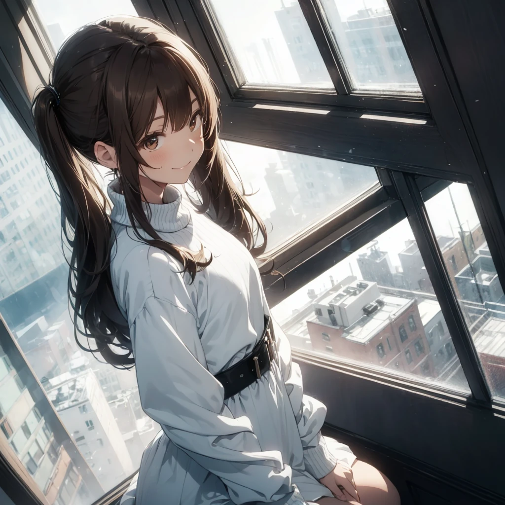 drawing of a woman in a white outfit looking out a window, 1girl, solo, twintails, dutch angle, skirt, long hair, long sleeves, day, brown hair, white sweater, smile, white dress,