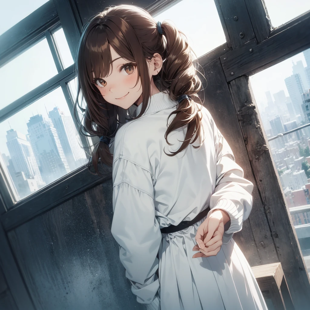 drawing of a woman in a white outfit looking out a window, 1girl, solo, twintails, dutch angle, skirt, long hair, long sleeves, day, brown hair, white sweater, smile,  white dress, 