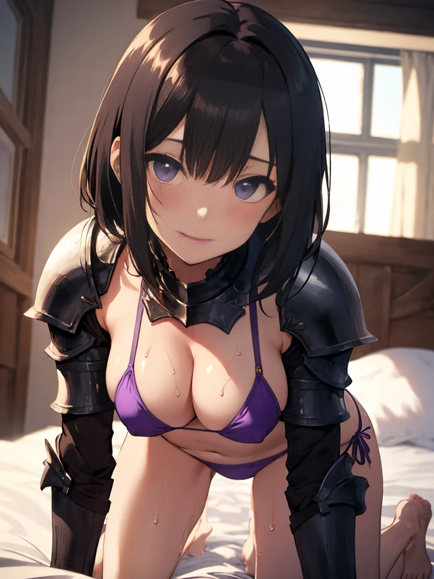 nsfw,8k,Masterpiece,(Light purple bikini),((A woman wearing separate armor)),female knight,Mature Woman,28 years old,Bikini Armor, On all fours on the bed,The world of fantasy games set in another world,Sexy anime characters,Slender figure,Cleavage,belly button,Short Bob,Black Hair,Shy smile,Flushed Cheeks, Knight Girl, Very detailed fan art, Detailed digital anime art, Anime Goddess, Anime illustration, Girl in Armor,Beautiful expression right down to your fingertips,Looking at the audience,Sweaty, glistening skin,