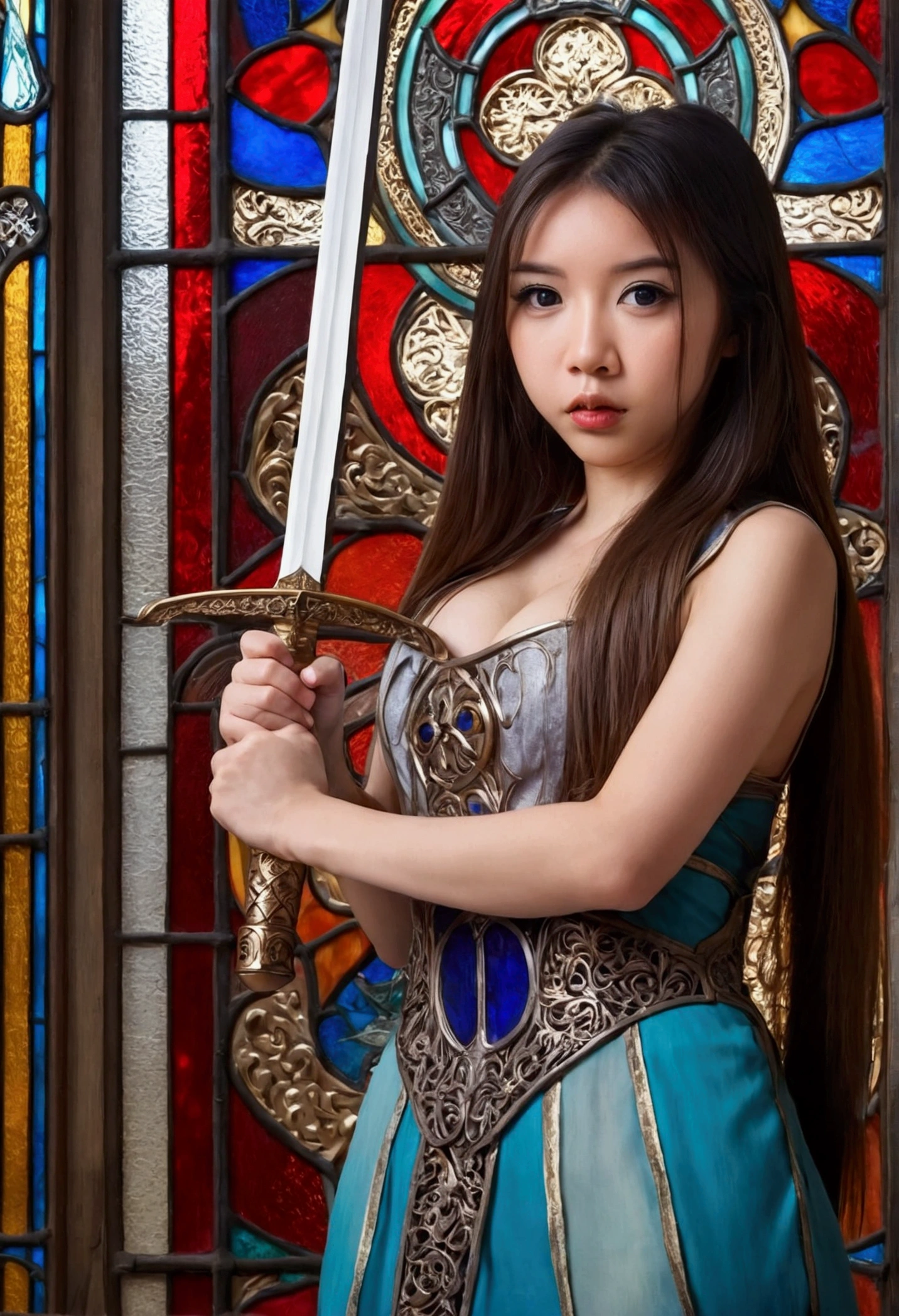 cute woman (age 26, Asian dress sexy, large sword, overly large eyes, long hair) sexy pose in front of a stained glass window
