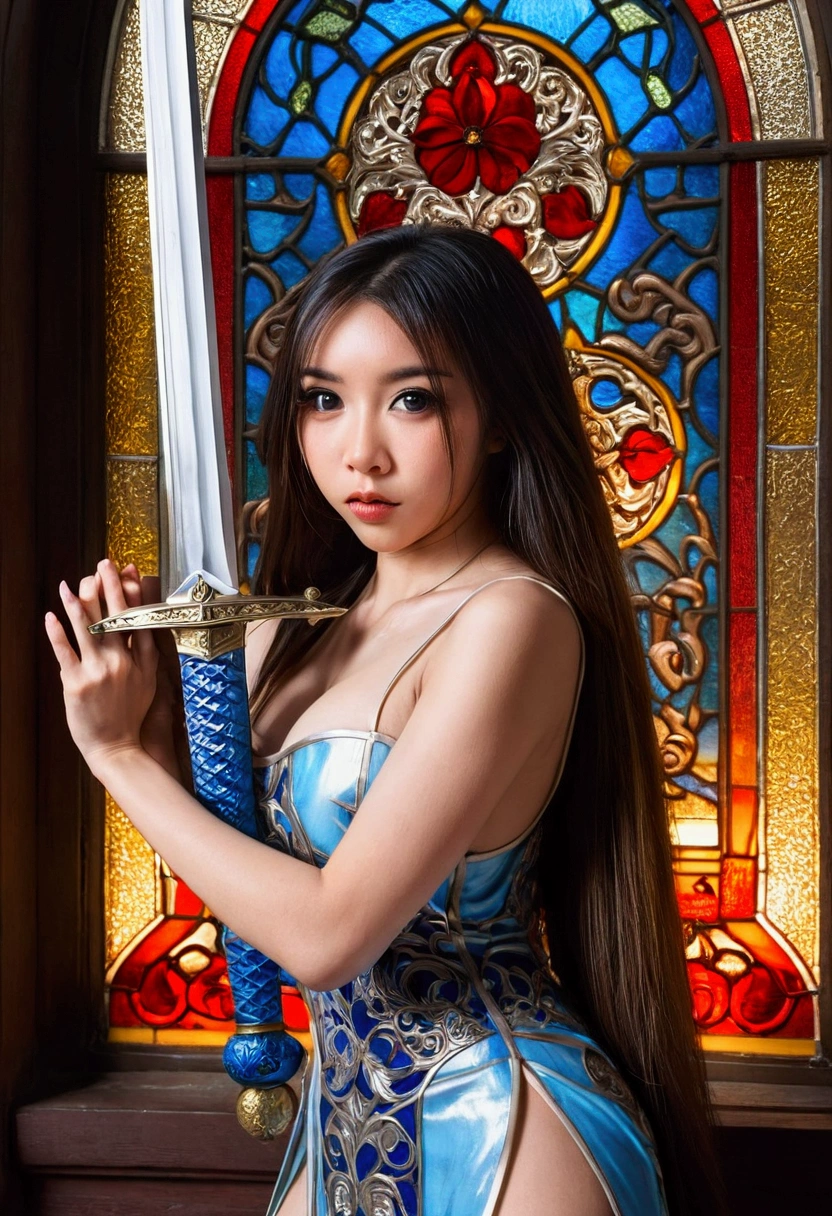 cute woman (age 26, Asian dress sexy, large sword, overly large eyes, long hair) sexy pose in front of a stained glass window
