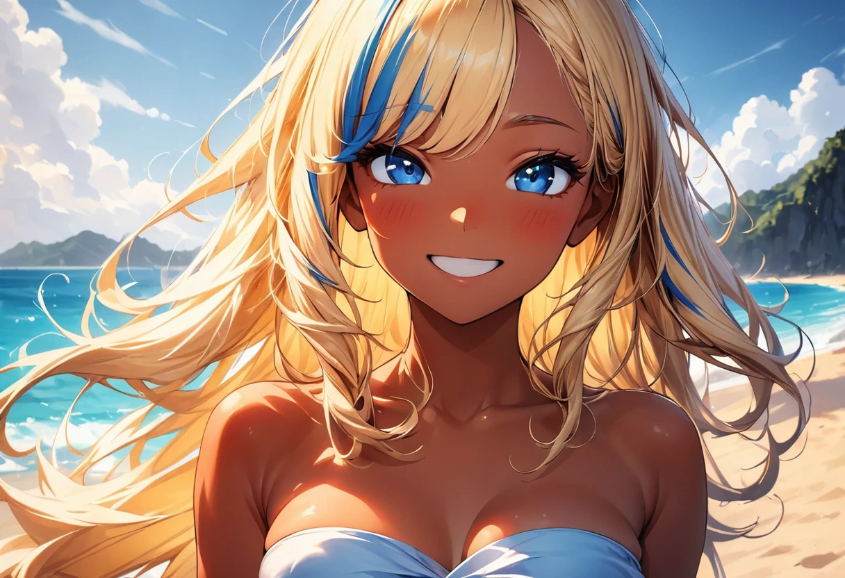 (highest quality:1.2, Very detailed, up to date, Vibrant, Ultra-high resolution, High Contrast, masterpiece:1.2, highest quality, Best aesthetics), Portraiture、girl、slim, Bright colors、bandeau bikini, beach, blue ocean, blue sky, Beautiful fine details、Beautiful lip detail、long hair, ((wavy hair:0.4))、messy hair, blonde and blue ((streaked hair:1.3)), highlights hair: 1.3, (medium breast:1), (tan skin:1.3), ((happy:2)) , (upper body:1.4), close-up face, looking viewer