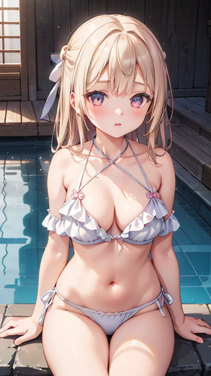 One girl, Natural light, masterpiece, Very detailed, figure, Game CG, Absurd, high quality, Beautiful attention to detail, Glossy Lips, Natural light, Medium chest, Claudia Walents, blush, Frilled bikini, Pool, clavicle