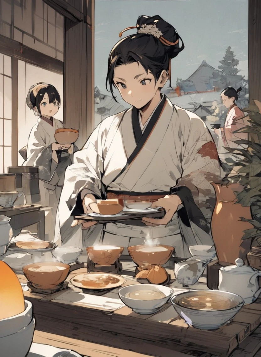 "Young Ishida Mitsunari serving tea to Toyotomi Hideyoshi, showing three cups of tea, traditional Japanese setting, Edo period art style."
