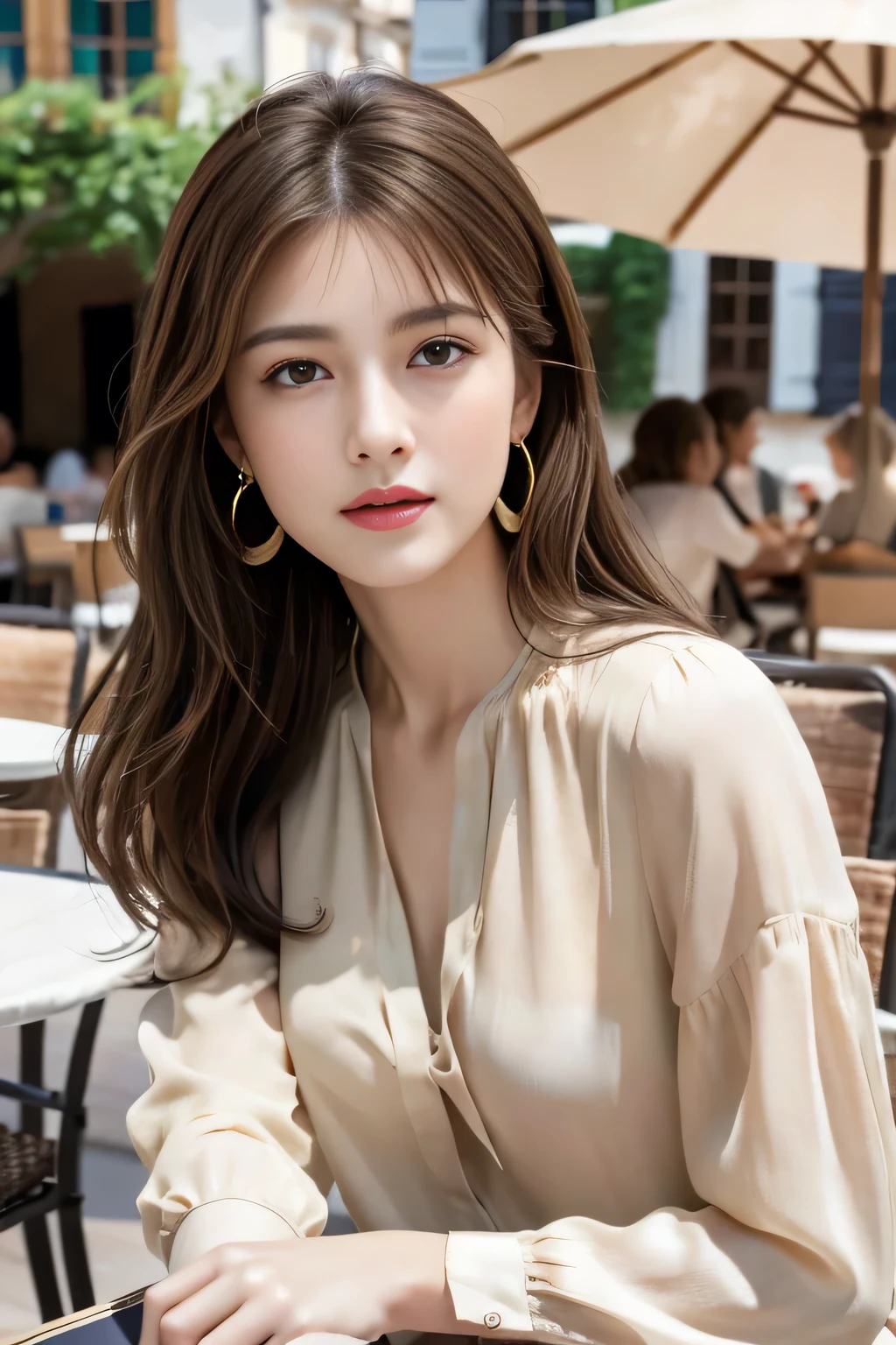 masterpiece, Highest quality, Realistic, Very detailed, Finer details, High resolution, 8k wallpaper, One beautiful woman,Wear a nice blouse, On the terrace of a lovely cafe, at noon, Light brown messy hair, Perfect dynamic composition, Beautiful and beautiful eyes、Big earrings、