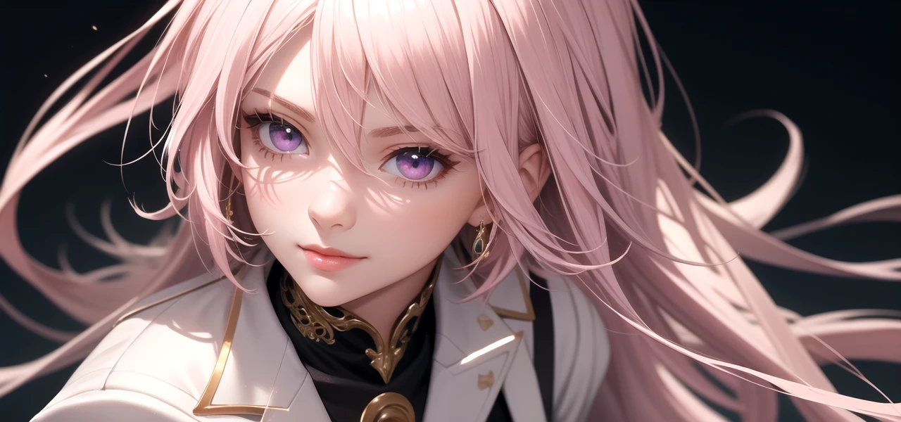 (masterpiece, best quality), intricate details, thin, ((slim)), beautiful girl, Light pink hair, white skin, light purple eyes, sharp jawline, cropped jacket, messy hair, lips, upper body, close up, smirk