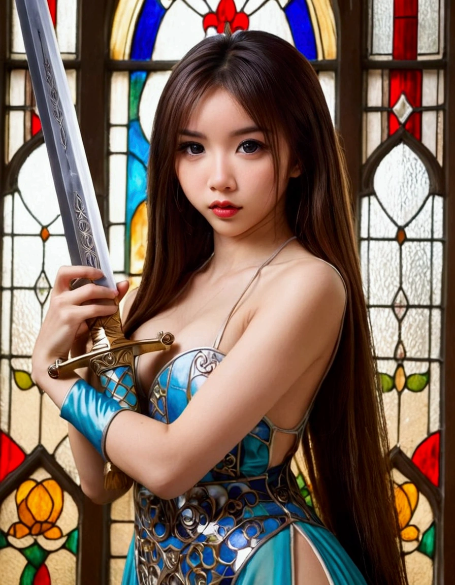 cute woman (age 26, Asian dress sexy, large sword, overly large eyes, long hair) sexy pose in front of a stained glass window
