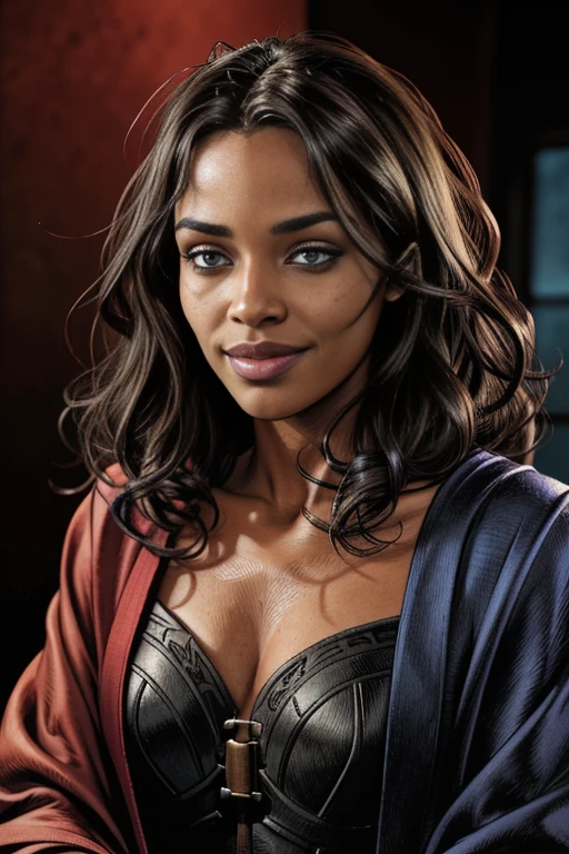 a beautiful girl with perfect detailed eyes, extremely detailed face, and colorful sclera, snake-like hair, dark skin, large smile, wearing red and blue wizard robes, in a fantasy background with volumetric lighting, digital painting, (best quality,4k,8k,highres,masterpiece:1.2),ultra-detailed,(realistic,photorealistic,photo-realistic:1.37), semi-realistic, comic style, HDR, vivid colors, pontuacao_9, pontuacao_8_acima, pontuacao_7_acima, JIM EIDOMODE