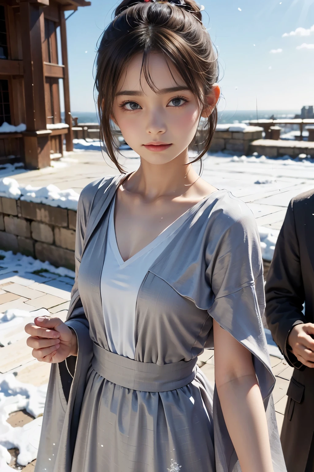 masterpiece, (highest quality: 1.2), (Super fine: 1.2), figure, (very delicate and beautiful: 1.2), film angle, floating, (beautiful detail eyes: 1.1), (detail light: 1.1), film light, delicate sky, woman, gray hair,(high ponytail: 1.1), cloak, shining eyeoon: 1.2), (moonlight: 1.1), starry sky, (particles of light: 1.1), fog , snow painting, sketch, bloom,Wind Flowers on a Clear Sky,cape,Powdery snow flurries on a clear day,The wind is blowing,Snow is falling,Women have the fortitude to endure sadness,28yo woman,Casual wear,Sad feelings,Dancing snow,The pain of losing a man,