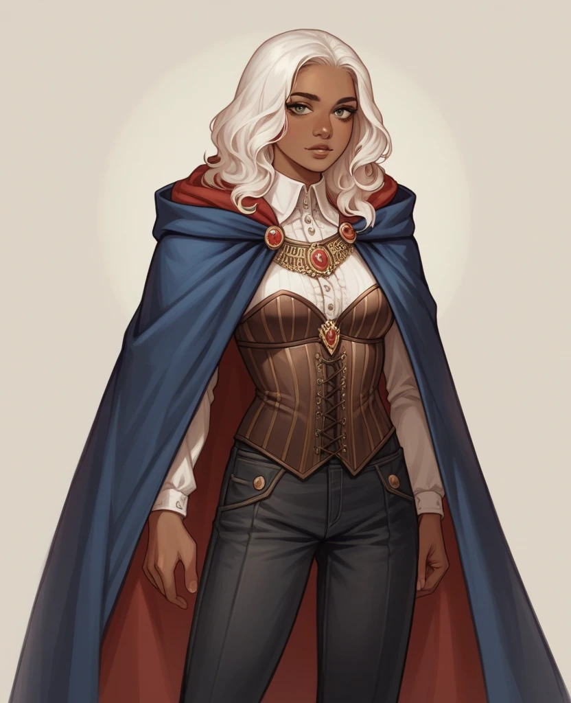 ((best quality)), ((masterpiece)), (detailed), 1girl, mixed race girl, African American + Caucasian girl with lighter skin, young woman, beautiful, skinny, white hair, modern western attire, cloak, wearing casual clothes underneath cloak, black pants, 2024 style corset top