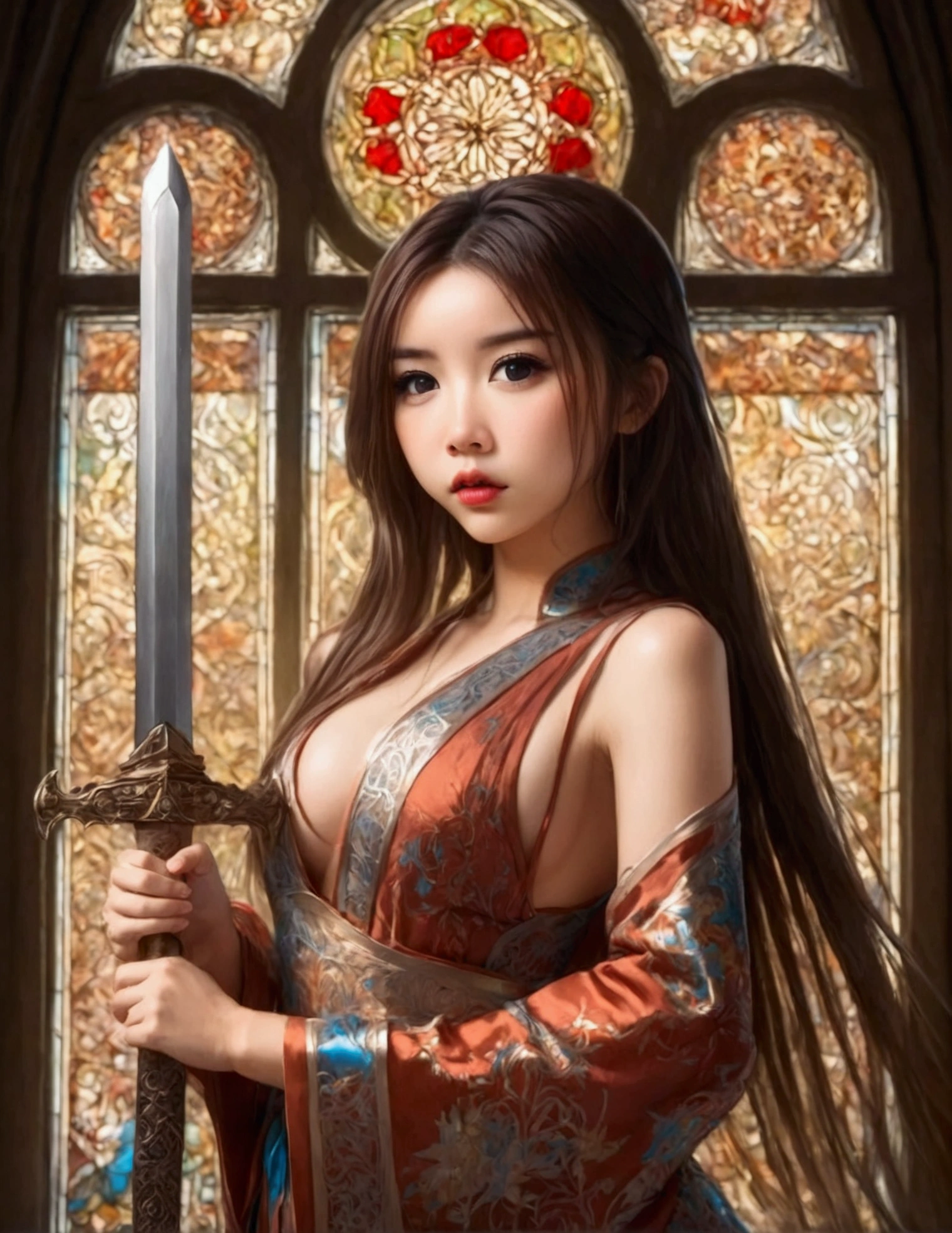 Realistic face chinese princess with thick thighs both visible  ,slim waist and big boobs and ass , s shape body (stem) wearing a transparent saree and high  heels ,lower abdomen exposed completely and thighs also ,navel deep clevage and almost full boobs exposed  and a slim long sword in hand ,shy expression , squatting ass naked 