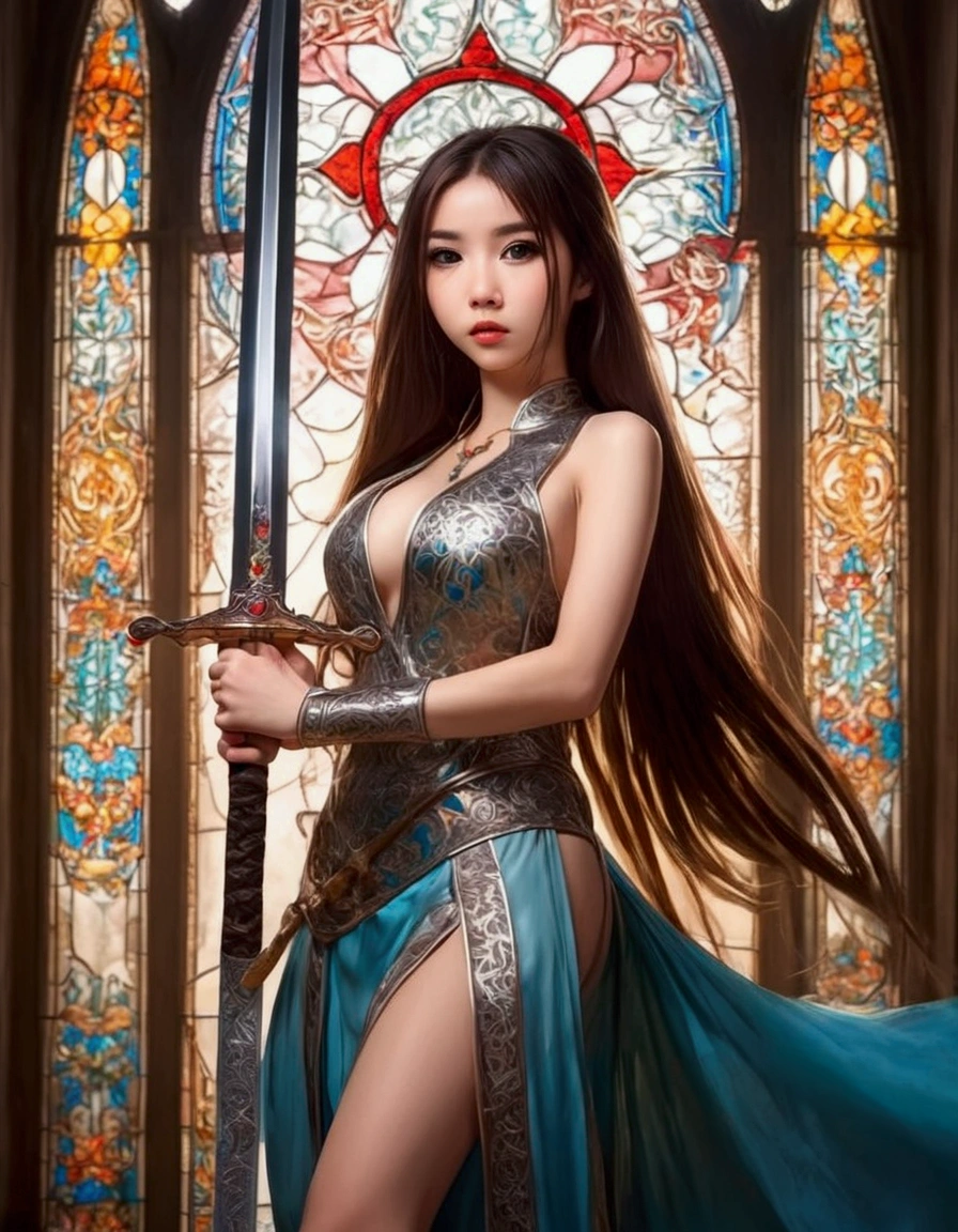 cute woman (age 26, Asian dress sexy, large sword, overly large eyes, long hair) sexy pose in front of a stained glass window
