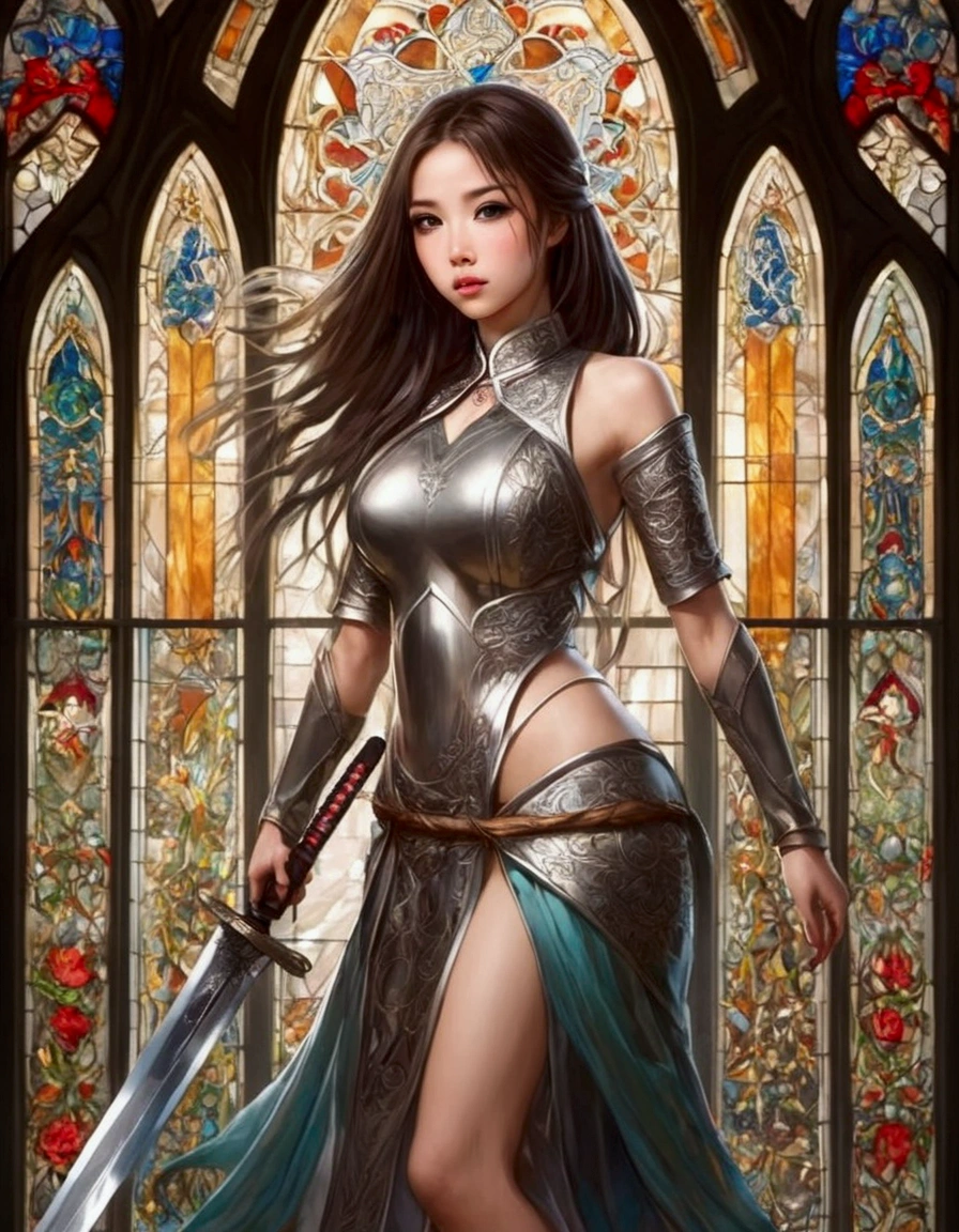 cute woman (age 26, Asian dress sexy, large sword, overly large eyes, long hair) sexy pose in front of a stained glass window