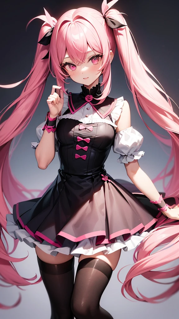 (Highest quality,High resolution,Super detailed,girl)black tights,Pink Hair,Twin tails,Height: 160cm,cute,Pink Eyes,I'm dressed in pink,I&#39;m wearing a pink skirt,Big Breasts,Her eyes are white and shining,Has bright white eyes,Has an embarrassed face,