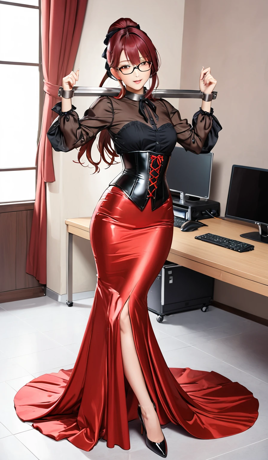 (masterpiece,highest quality,超A high resolution),japanaese girl with pony tail hair (((Very beautiful 35 year old girl))), pretty woman, a woman in the mermaid long train silk red skirt,the skirt is very long, full body, wear sexy corset, wear sexy blouse, wear glasses,long satin, flowy dramatic long skirt, talwomen, random pose, work in office, wear high heels,  masterpice  (Shiny red long train dress mermaid-style long skirt 