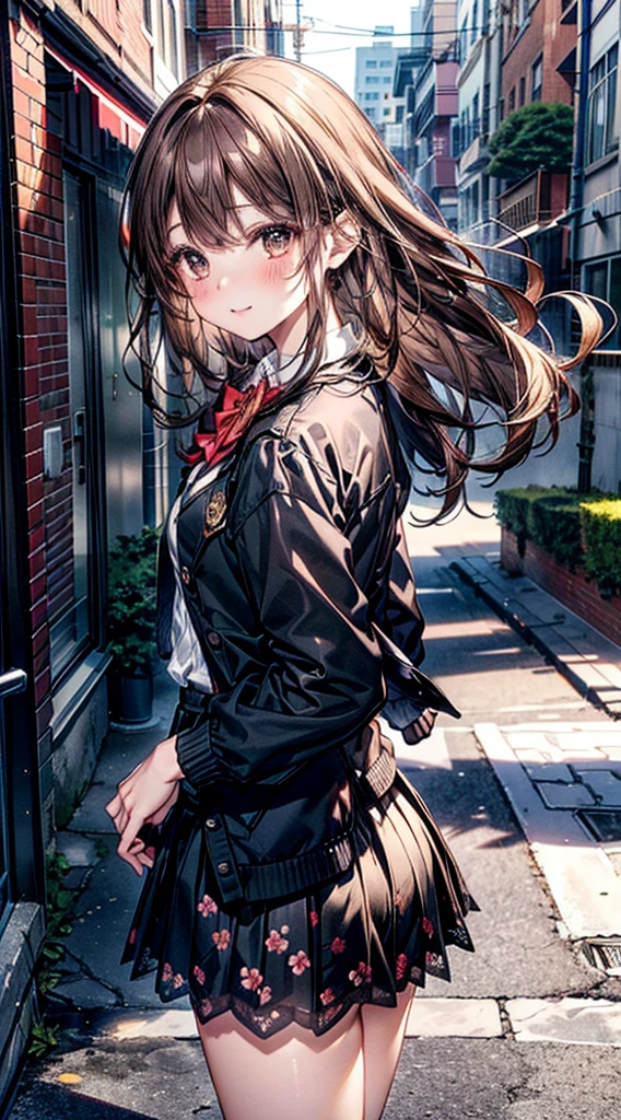 ((Tabletop, Highest quality, High resolution, Hmph, Pixel perfect, 4K, Hmph, Hmph))), One Girl, single, alone, Beauty、The whole body is visible、 ((Mid-wave hair, bangs, Brown Hair)), ((Brown eyes, Beautiful eyelashes, Realistic eyes)), ((Detailed face, blush:1.2)), ((Smooth texture:0.75, Realistic texture:0.65, Realistic:1.1, Anime CG style)), Medium chest, Dynamic Angle, Perfect body, ((Red bow tie, , Black jacket, Open jacket, Brown cardigan, White shirt, Black Skirt, Checked skirt)), City stairs、Looking up from the bottom of the stairs、Very embarrassing panic smile, looked back、Leaning forward、(The wind blew up her skirt, exposing her buttocks....................、Touch your buttocks with both hands、Light blue floral lace panties)、