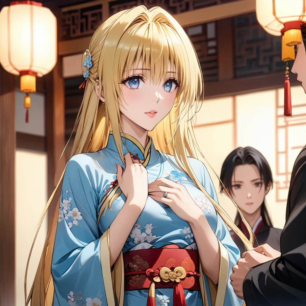 ((Highest quality)), ((masterpiece)), (detailed), (Perfect Face)、The woman is Tieryu Lunatique, who is married to a Chinese man. She is an ordinary Chinese woman with blue eyes, blonde medium-long hair, and an engagement ring.、The woman is dressed in typical Chinese clothing.