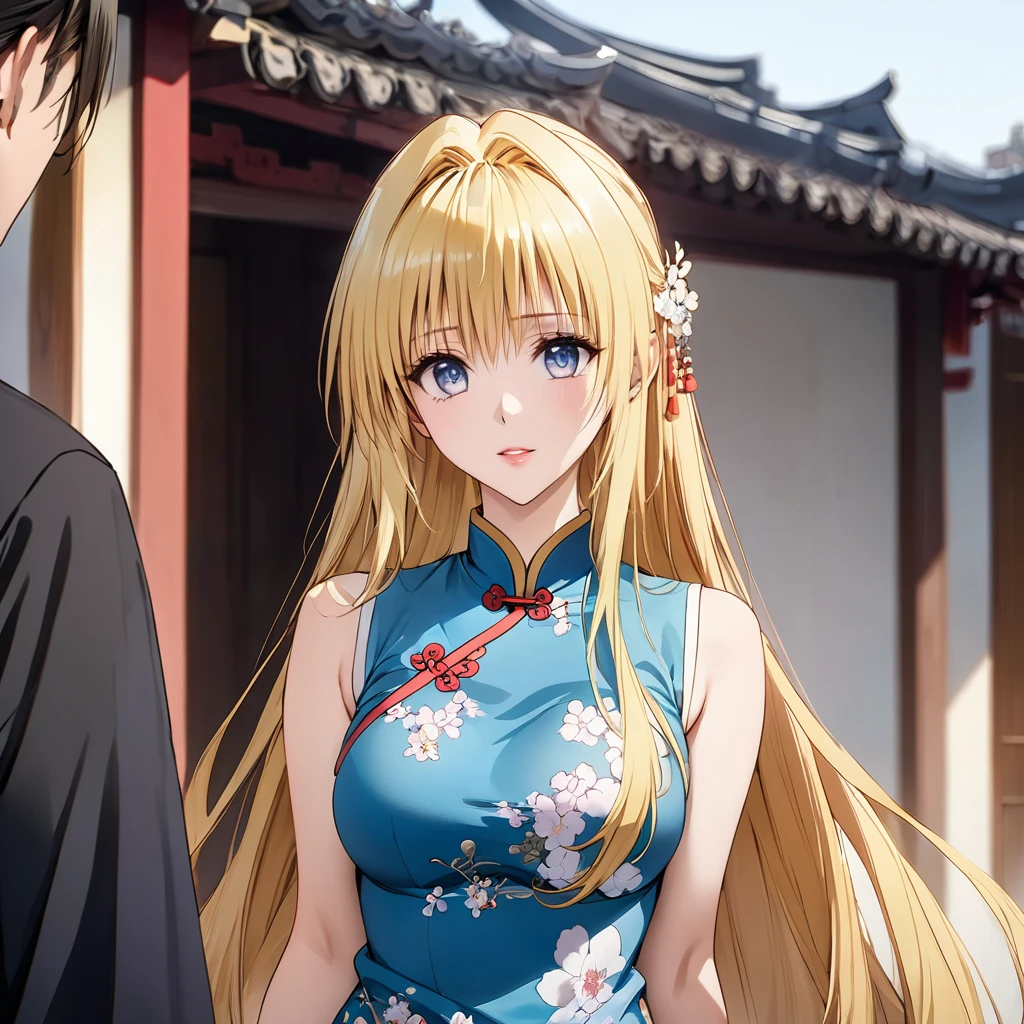 ((Highest quality)), ((masterpiece)), (detailed), (Perfect Face)、The woman is Tieryu Lunatique, who is married to a Chinese man. She is an ordinary Chinese woman with blue eyes, blonde medium-long hair, and an engagement ring.、The woman is dressed in typical Chinese clothing.