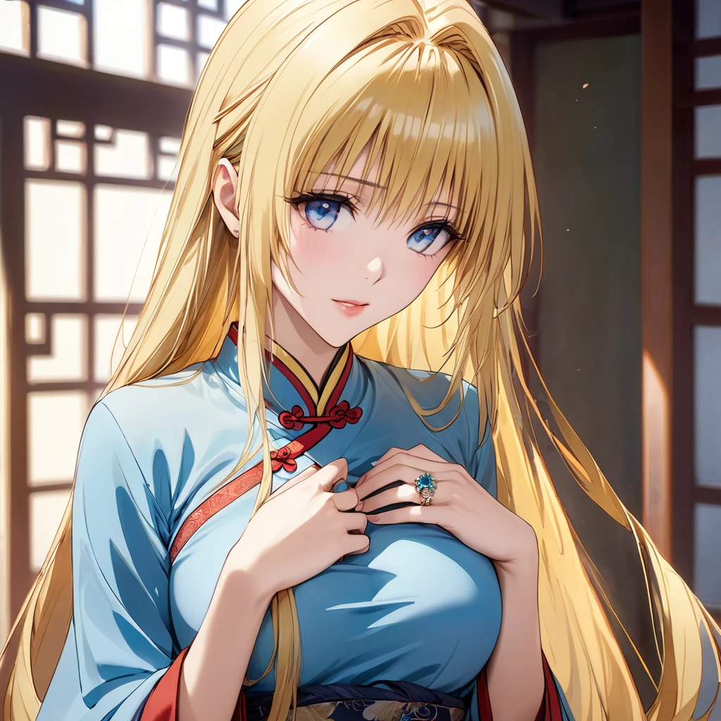 ((Highest quality)), ((masterpiece)), (detailed), (Perfect Face)、The woman is Tieryu Lunatique, who is married to a Chinese man. She is an ordinary Chinese woman with blue eyes, blonde medium-long hair, and an engagement ring.、The woman is dressed in typical Chinese clothing.