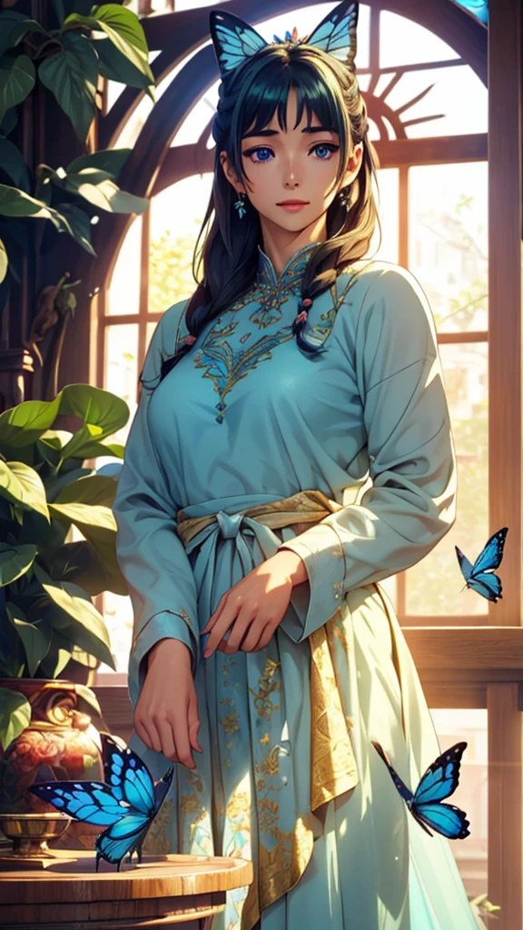 1 Solo Woman, Overview, (One Hand Up) (Gently Extending Index Finger), (Blue Butterfly Landing on Index Finger), (Gorgeous and Elegant Dress), Mature Female, /(Beige Hair/) Bangs, (Slight Smile: 0.8), (Masterpiece of Best Quality: 1.2) Fine Illustration with Super Detail, Breasts BREAK (Blue Butterfly Perched on Index Finger), (Realistic Blue Butterfly: 1.1), (Glowing Wings: 1.1) BREAK (Elegant Greenhouse) Indoors, Plants, (Soft Lighting) Afternoon, Detailed Background,maomao,1girl,blunt bangs,green hair,long hair,blue eyes,solo,HoloDayo XL