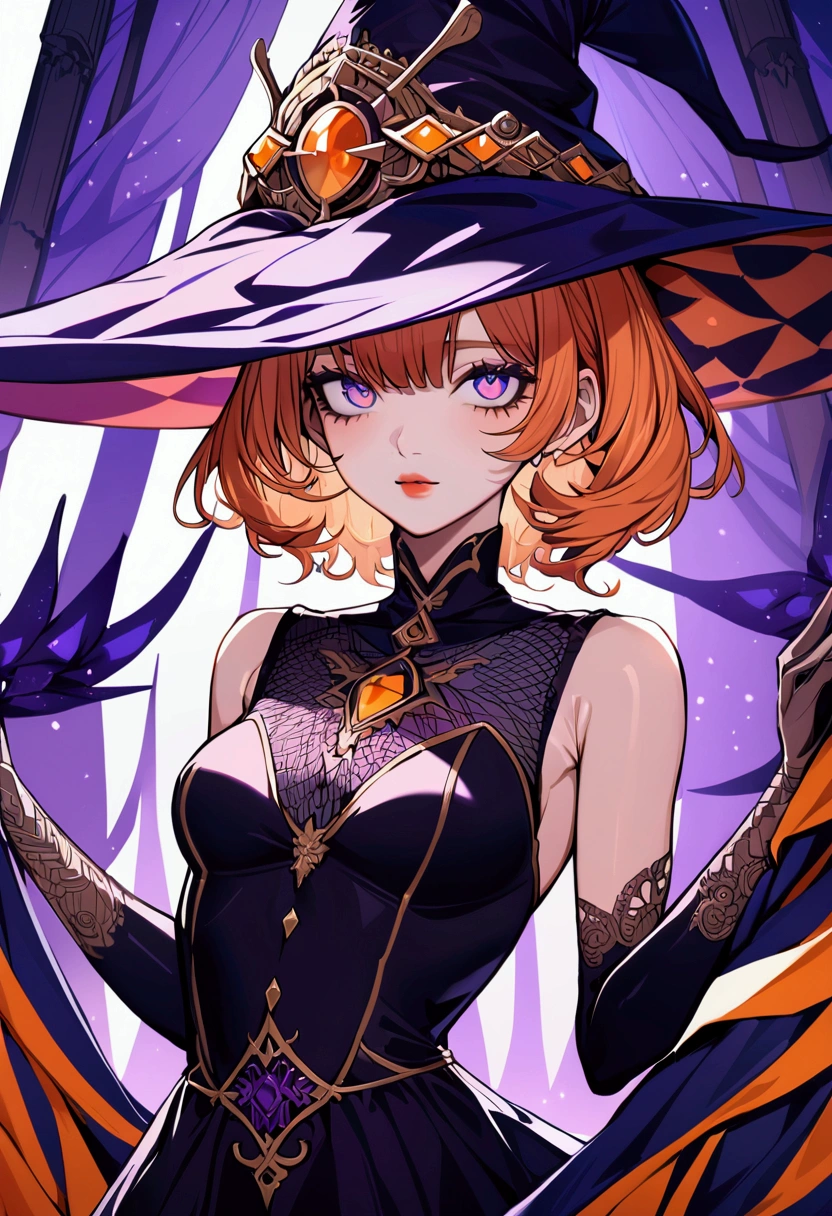 anime girl, orange hair, violet eyes, short hair, witch, witch hat, purple, ultra detailed eyes, ultra detailed, detailed lips, detailed body, beautiful, dress 