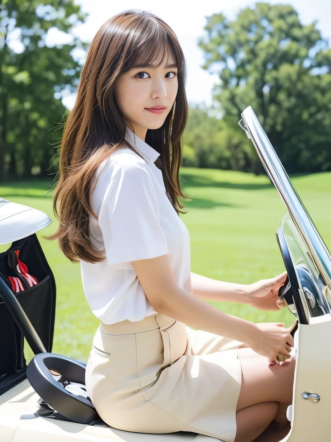 (超High resolution, masterpiece, Anatomically correct, Textured skin, Super Detail, Highest quality, High resolution, 8k, bloom, Front light:1.2, Perfect dynamic composition), (24-years-old, 1 person, Cute and sexy golfer), (Sexy Face, Long face, Distant eyes, Gentle eyelids, Thin eyebrows, Gentle corner of the eye, Hawk-like nose), (Gal Makeup), (eyeliner), (It will totally charm you), (Eyes that feel erotic), (A taste of beautiful eroticism), (Too cute beauty), (Captivating smile:1.0), (Light brown hair:1.4), (Long Hair, Inward curls, bangs, Smooth Hair), (Light blue short sleeve golf wear), (White tight skirt), (Sun visor), Golf course, Grass, blue sky, sunlight, forest, fairway, green, Golf club, Cowboy Shot, Keiko Kitagawa, (Sit in a golf cart and take the wheel), (Shooting from the side), (Looking into the camera)