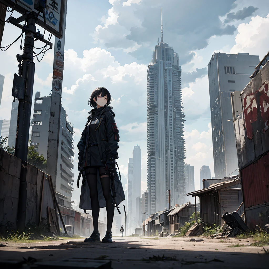 Design a character sheet that not only shows a young apocalypse survivor but also the environment in which she lives. She stands amidst a desolate landscape: ruined buildings overgrown with vegetation, abandoned vehicles, and broken roads. The sky is ominously gray, with clouds threatening storms. Around her, there are signs of a lost civilization: a fallen traffic sign, a rusted bicycle, and remnants of an improvised campsite. The young woman appears in harmony with her surroundings, showing how she has learned to adapt and survive in this inhospitable world. The design sheet should reflect how her environment has shaped her appearance and skills, highlighting her ingenuity and adaptability.