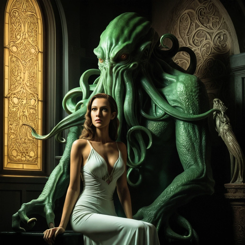 Cthulhu watching over a beautiful woman