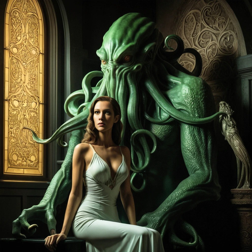 Cthulhu watching over a beautiful woman
