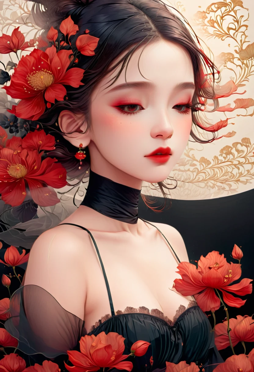 (masterpiece, best quality:1.2), 1 girl, alone,beautiful face，Red Reminimalist Art Nouveau，illustration style，black and red，flowers