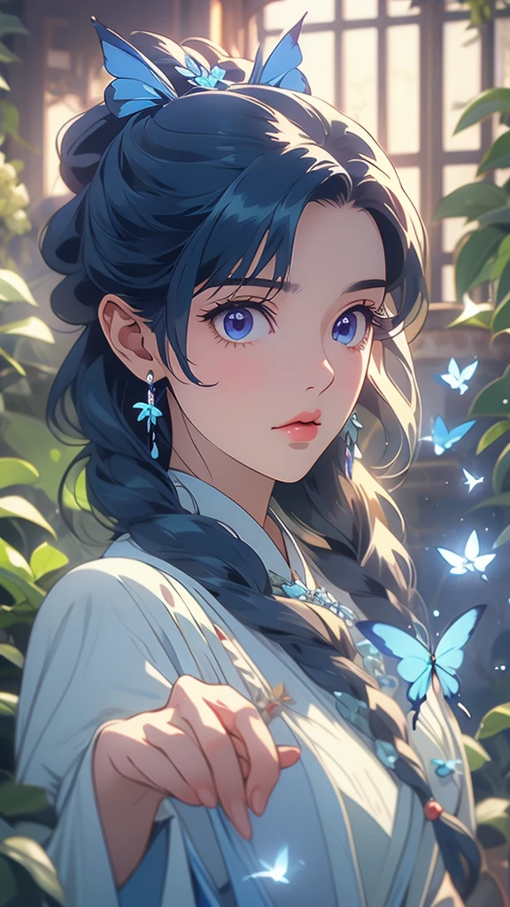 1 Solo Woman, Overview, (One Hand Up) (Gently Extending Index Finger), (Blue Butterfly Landing on Index Finger), (Gorgeous and Elegant Dress), Mature Female, /(Beige Hair/) Bangs, (Slight Smile: 0.8), (Masterpiece of Best Quality: 1.2) Fine Illustration with Super Detail, Breasts BREAK (Blue Butterfly Perched on Index Finger), (Realistic Blue Butterfly: 1.1), (Glowing Wings: 1.1) BREAK (Elegant Greenhouse) Indoors, Plants, (Soft Lighting) Afternoon, Detailed Background,maomao,1girl,blunt bangs,green hair,long hair,blue eyes,solo,HoloDayo XL
