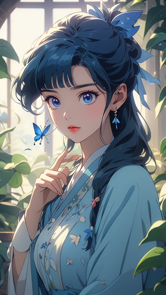 1 Solo Woman, Overview, (One Hand Up) (Gently Extending Index Finger), (Blue Butterfly Landing on Index Finger), (Gorgeous and Elegant Dress), Mature Female, /(Beige Hair/) Bangs, (Slight Smile: 0.8), (Masterpiece of Best Quality: 1.2) Fine Illustration with Super Detail, Breasts BREAK (Blue Butterfly Perched on Index Finger), (Realistic Blue Butterfly: 1.1), (Glowing Wings: 1.1) BREAK (Elegant Greenhouse) Indoors, Plants, (Soft Lighting) Afternoon, Detailed Background,maomao,1girl,blunt bangs,green hair,long hair,blue eyes,solo,HoloDayo XL