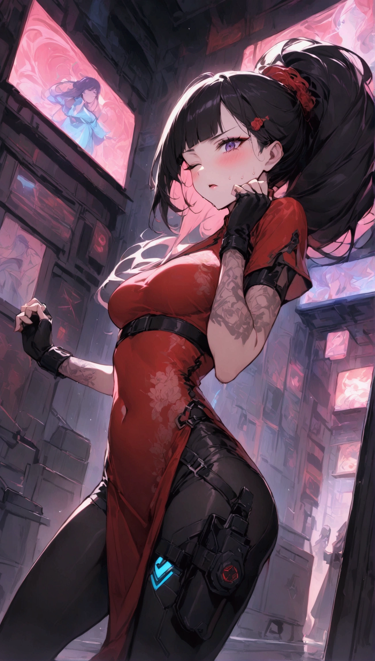 Dynamic composition,dutch angle,from side,{{masterpiece}}, {{{Highest quality}}},{{Very detailed}},{{Fight}},{{fighting stance:1.6}},{{critical situation:1.6}},{{hold down one's stomach with one's hands:1.6}},1girl,30years old,{Mature Woman}},cyberpunk,{{RED　Chinese clothing:1.2}},Red　short sleeves Chinese dress,pelvic curtain,black stockings,belt,black fingerless gloves,Lace arm covers,holster,{{Grit your teeth:1.4}},one eye closed,　,{{v-shaped eyebrows}},Bad mood,blush,Sweat,raise one's eyebrows　,{{View your viewers}}、straight long hair ,blunt bangs．abdominal pain ,{{pain}},Inside the dojo,indoor
