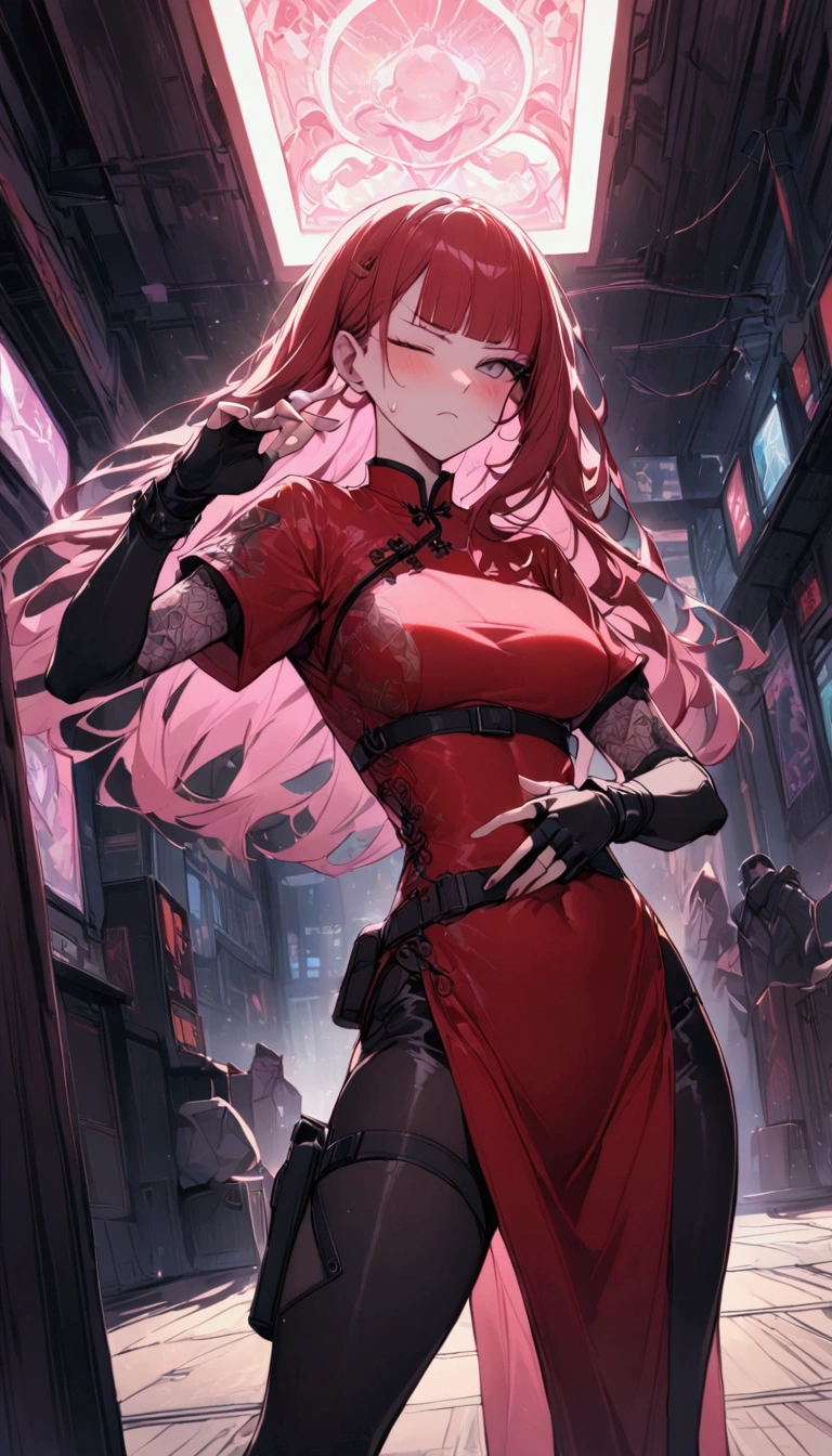 Dynamic composition,dutch angle,from side,{{masterpiece}}, {{{Highest quality}}},{{Very detailed}},{{Fight}},{{fighting stance:1.6}},{{critical situation:1.6}},{{hold down one's stomach with one's hands:1.6}},1girl,30years old,{Mature Woman}},cyberpunk,{{RED Chinese clothing:1.2}},Red short sleeves Chinese dress,pelvic curtain,black stockings,belt,black fingerless gloves,Lace arm covers,holster,{{Grit your teeth:1.4}},one eye closed, ,{{v-shaped eyebrows}},Bad mood,blush,Sweat,raise one's eyebrows ,{{View your viewers}}、straight long hair ,blunt bangs.abdominal pain ,{{pain}},Inside the dojo,indoor