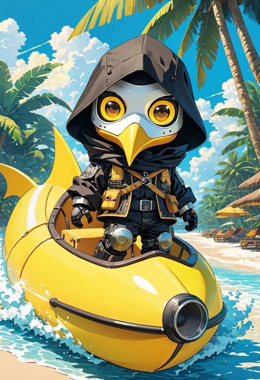 (masterpiece, best quality:1.1), (ultra highres, ultra-detailed:1.2),pop-art style,flatcolor, ((riding banana boat)),(in tropical resort,bluesky), BREAK chibi-boy,(male),(wearing plague-doctor costume,white beak-mask),cool posing,eyes glow yellow,black hood,black life-vest, mecha arm,