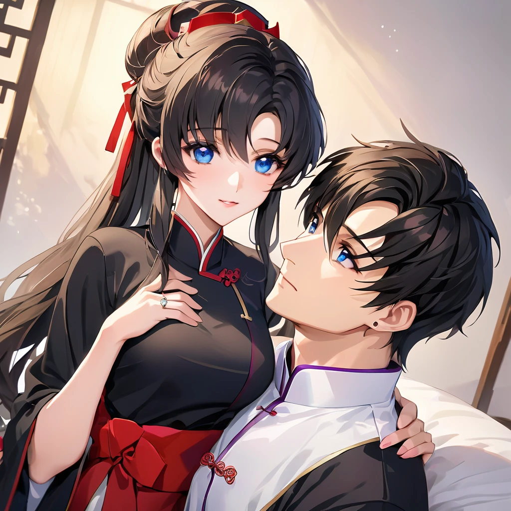 ((Highest quality)), ((masterpiece)), (detailed), (Perfect Face)、The woman is Lacus Clyne, who is married to a Chinese man, and is an ordinary Chinese woman with blue eyes, medium-long black hair, and an engagement ring.、The woman is dressed in typical Chinese clothing.、She married a Chinese man and dyed her hair, hairstyle, clothes, and everything she wore for her husband, and her thoughts were also Chinese, becoming a great Chinese in body and mind.、The woman became Lacus Clyne, a Chinese woman who was proud of and loved her husband and China.、My husband is a great and dignified middle-aged Chinese man.