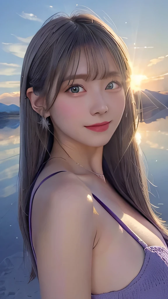 1 girl, masterpiece, Very detailed, (Beautiful and delicate shine), Lens flare, Gray Hair, Medium Long Hair, Floating Hair, think return, return, return, smile, blue eyes, Big Breasts, Upper Body, Wide Shot , ((Uyuni salt lake)), sunrise, cloud, returnlight, Purple Sky, Yellow Sky, Gradient Sky,Huge breasts,Looking at the audience