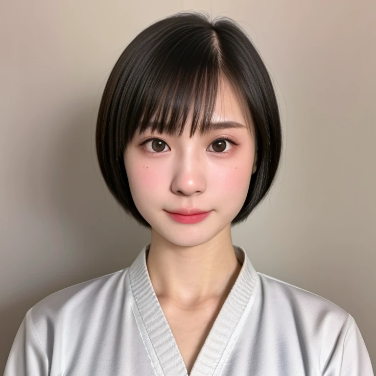 (kawaii 24 year-old Japanese girl, Nogizaka idol, Korean idol, judo player), healthy female athlete body, (glossy black hair, short hair, pixie cut, bangs:1.3), (rounded face, beautiful black eyes, single eyelid, no makeup, serious expression:1.2), (wearing white judo wrestling uniform:1.3), extra small breasts, BREAK, (plain white background:1.2), (facing straight at camera, id photo, yearbook photo, bust shot:1.2), BREAK, (masterpiece, best quality, photo realistic, official art:1.4), (UHD, 8K quality wallpaper, high resolution, raw photo, golden ratio:1.3), (shiny skin), professional lighting, physically based rendering, award winning, (highly detailed skin, extremely detailed face and eyes), Carl Zeiss 85 mm F/1.4, depth of field, 1girl, solo,