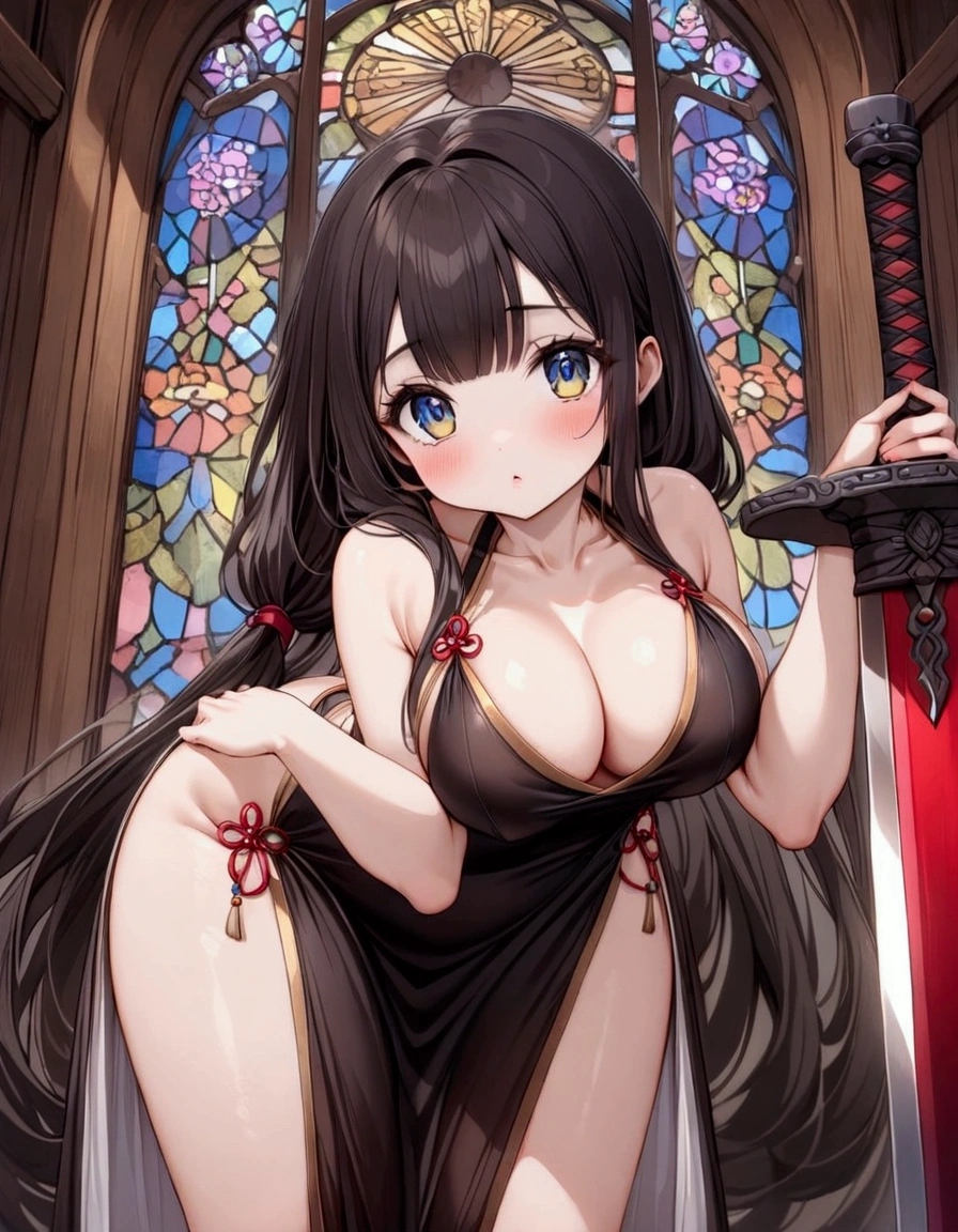 cute woman (age 26, Asian dress sexy, large sword, overly large eyes, long hair) sexy pose in front of a stained glass window
