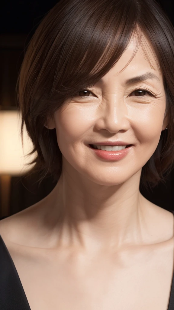 ((Highest quality)), ((8k)), ((masterpiece: 1.3)), (Perfect appearance), (Photorealism: 1.6), (RAW Photos:1.2), (Photorealistic), (Genuine:1.4), (JMA), (KE), (Portrait of a Japanese mature woman), (Pitch Darkness: 1.2), (A woman illuminated by a dim light), (Woman standing diagonally facing forward: 1.4), (60-year-old woman), (Perfect looks), ((Realistic skin texture)), (Fine wrinkles all over the skin), (Dullness), (Facial wrinkles), (Wrinkles around the eyes), double eyelid, Tear bags under the eyelids, (Grimacing and laughing), Short bangs, short hair, BREAK(Red lips),BREAK (blouse: 1.2),