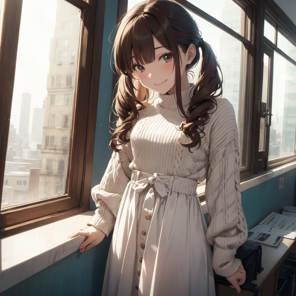 drawing of a woman in a white outfit looking out a window, 1girl, solo, twintails, dutch angle, skirt, long hair, long sleeves, day, brown hair, white sweater, smile, white dress, Summer vacation,
