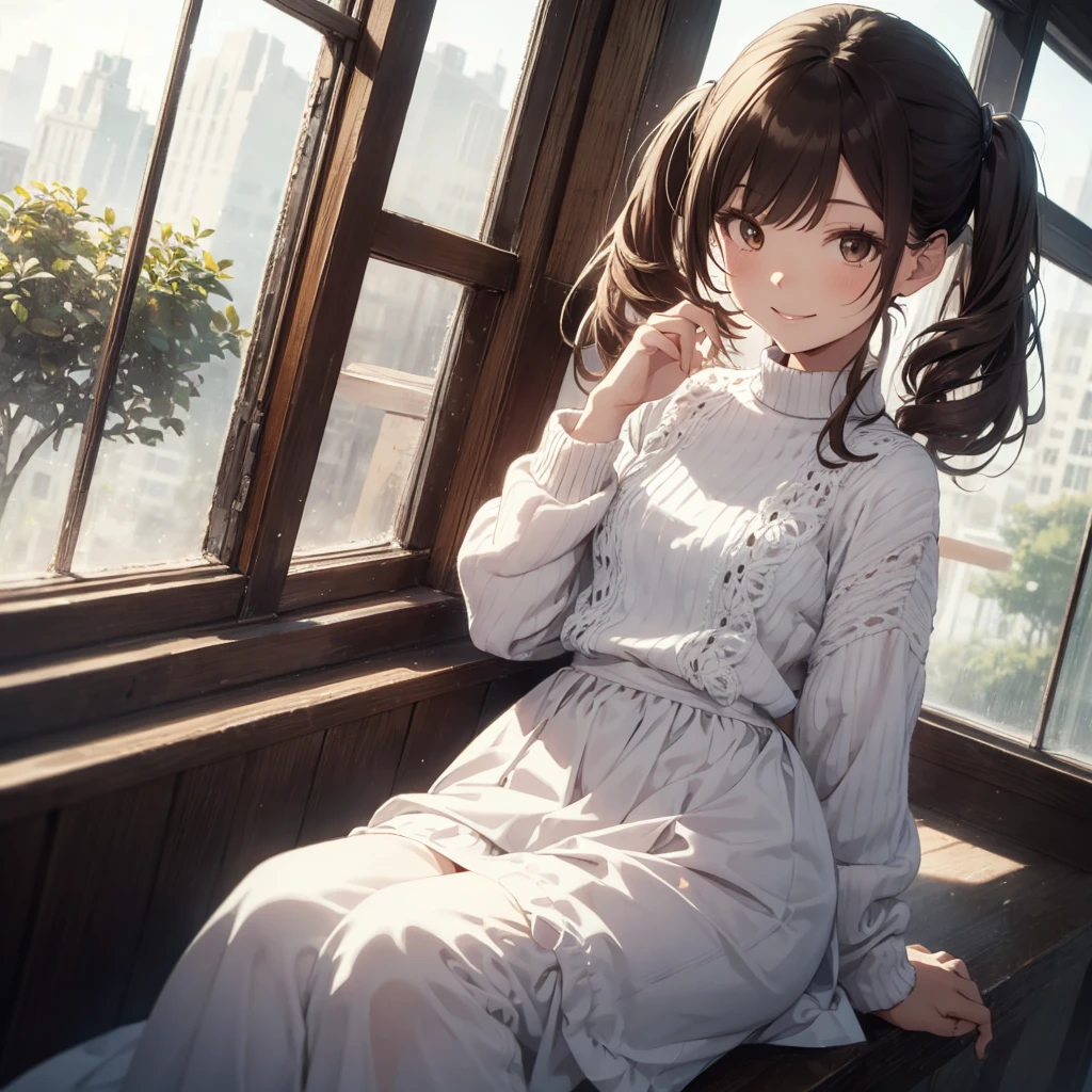 drawing of a woman in a white outfit looking out a window, 1girl, solo, twintails, dutch angle, skirt, long hair, long sleeves, day, brown hair, white sweater, smile, white dress, Summer vacation,